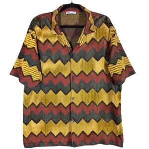 Zara Mens XL Multicolor Zigzag Knit Shirt Geometric Retro 70s Camp Collar Resort